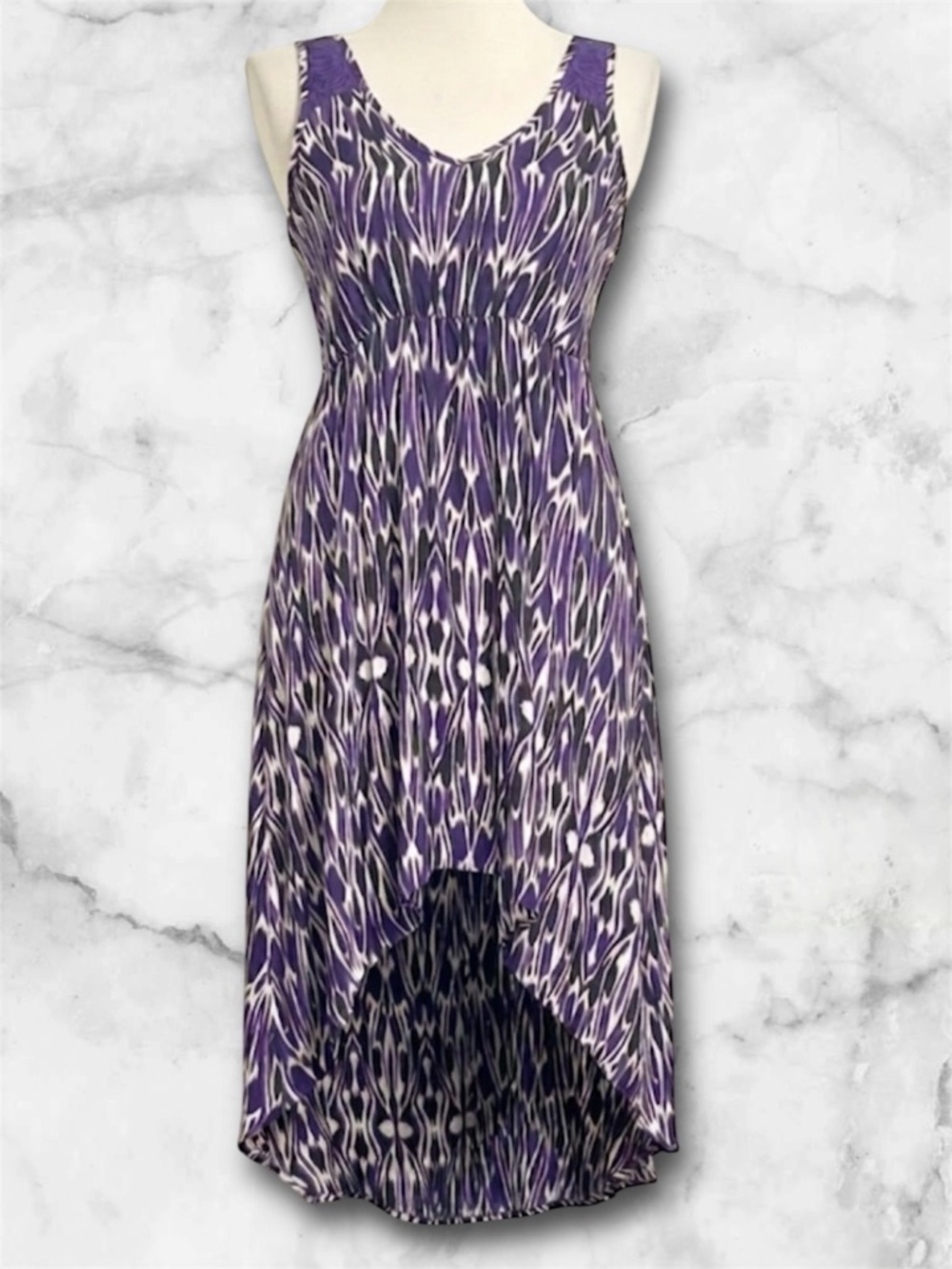 Express High-Low Maxi Dress Purple Ikat Print Lace Back Cutout V-Neck Size M - Picture 2 of 14